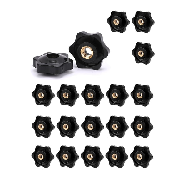 Kettion 20 Pack 1/4-20 Knob 6 Star Knobs 1/4 Inch 20 Female Threaded Hexagon Head Thru Knob Clamping Knobs Jig Knobs T Track Bolts, Black