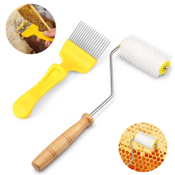 Kettion 2pcs Beekeeping Tools Set, Honey Extractor Roller & Capping Fork Honey Extractor Uncapping Needle Roller & 18-Prong Capping Fork for Efficient Honey Harvesting Beekeeper Supplies