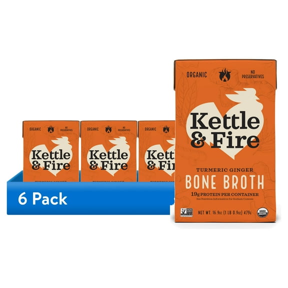 (6 pack) Kettle & Fire Turmeric Ginger Chicken Bone Broth, Shelf-Stable, 16.9 oz