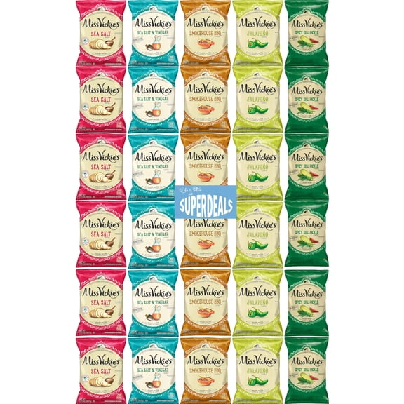 Kettle Cooked Potato Chips by Miss Vickie's Value Pack Bundled by SUPERDEALS | 1.375 Oz Bag | Supreme 5 Flavor Variety Pack includes 6 Sea Salt, 6 Sea Salt & Vinegar, 6 Smokehouse BBQ, 6 Jalapeno, 6