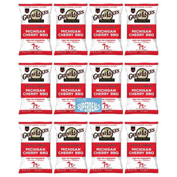 Kettle Cooked Potato Chips by Great Lakes Value Pack Bundled by SUPERDEALS | 1.375 Oz Bag | Michigan Cherry BBQ | Pack of 12 with mystery bonus gift