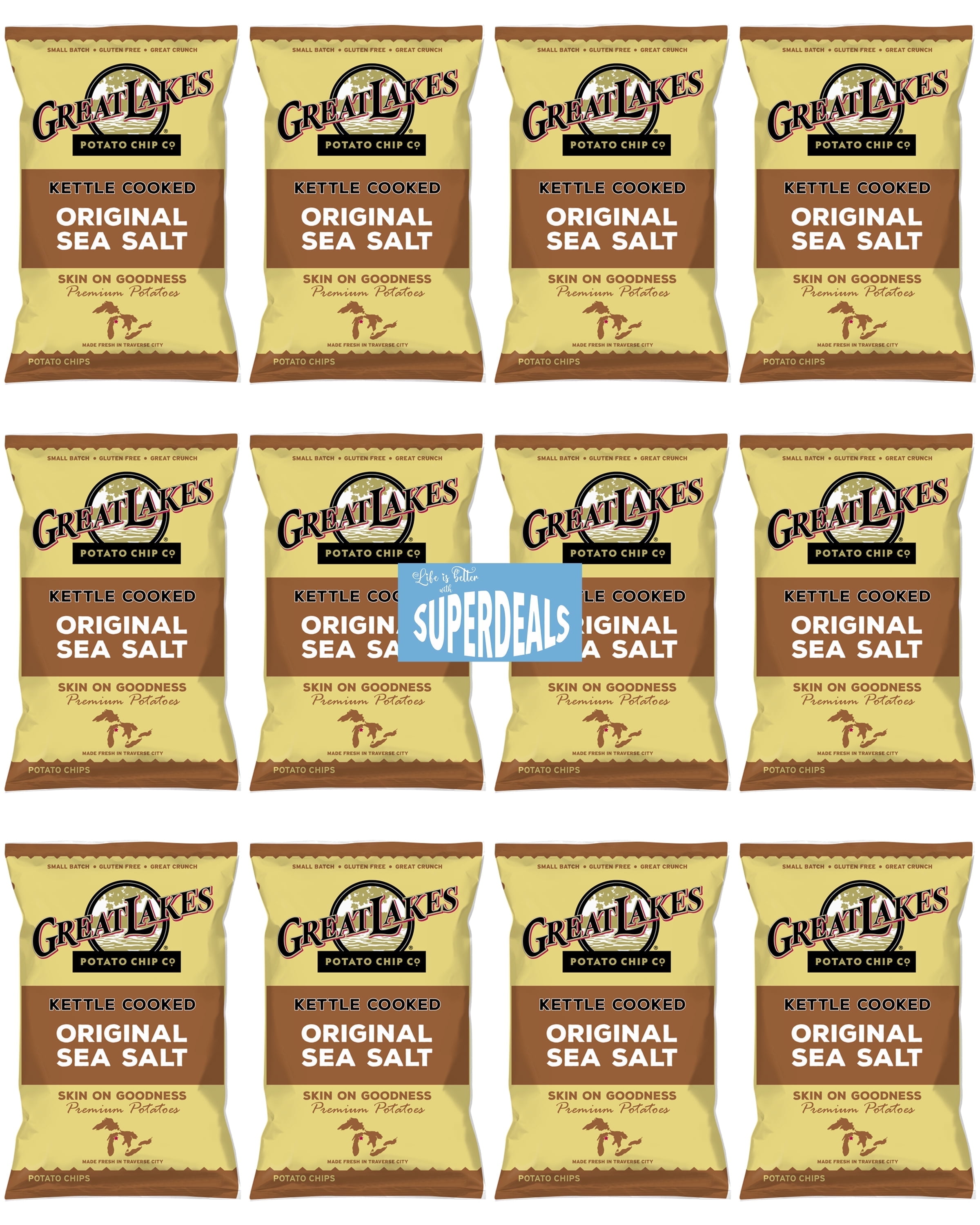 Kettle Cooked Potato Chips by Great Lakes Value Pack Bundled by SUPERDEALS | 1.375 Oz Bag | Original Sea Salt | Pack of 12 with mystery bonus gift