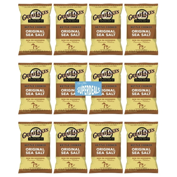Kettle Cooked Potato Chips by Great Lakes Value Pack Bundled by SUPERDEALS | 1.375 Oz Bag | Original Sea Salt | Pack of 12 with mystery bonus gift