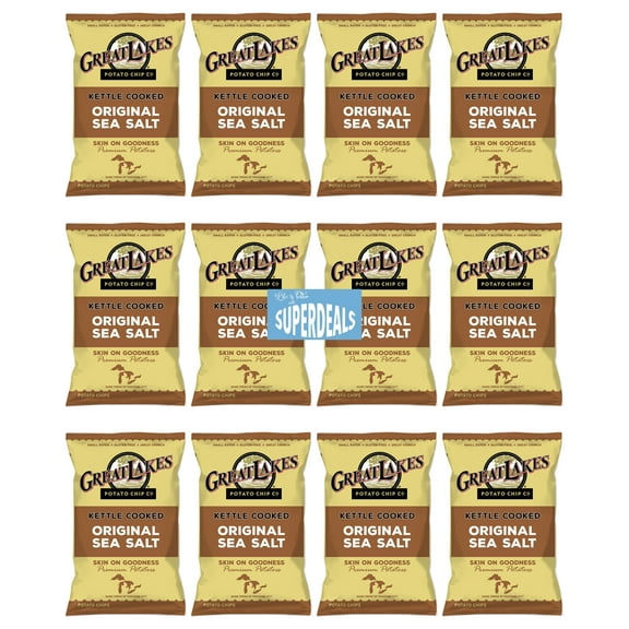 Kettle Cooked Potato Chips by Great Lakes Value Pack Bundled by SUPERDEALS | 1.375 Oz Bag | Original Sea Salt | Pack of 12 with mystery bonus gift