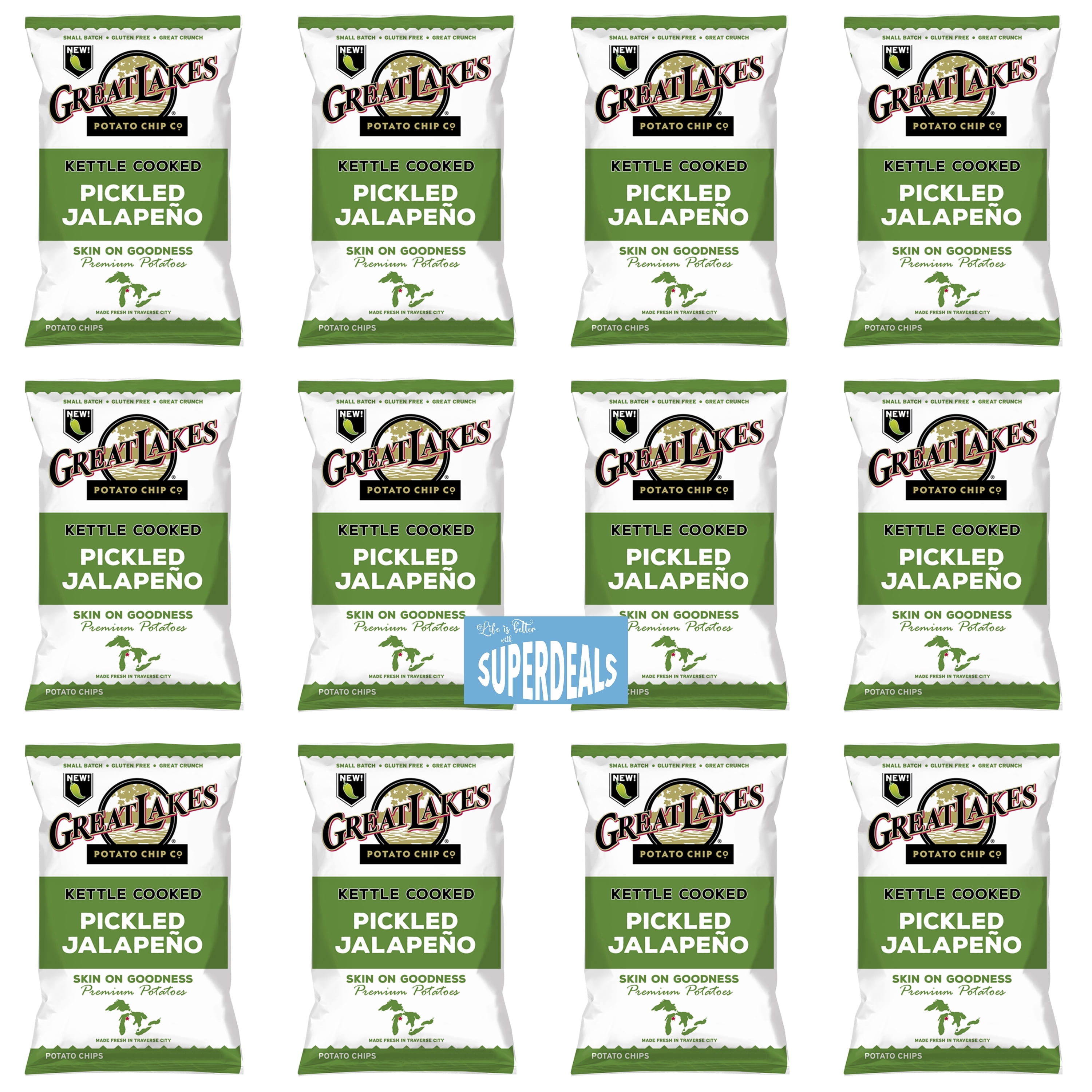 Kettle Cooked Potato Chips by Great Lakes Value Pack Bundled by SUPERDEALS | 1.375 Oz Bag | Pickled Jalapeno | Pack of 12 with mystery bonus gift
