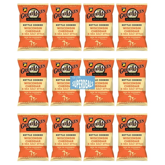 Kettle Cooked Potato Chips by Great Lakes Value Pack Bundled by SUPERDEALS | 1.375 Oz Bag | Wisconsin Cheddar | Pack of 12 with mystery bonus gift