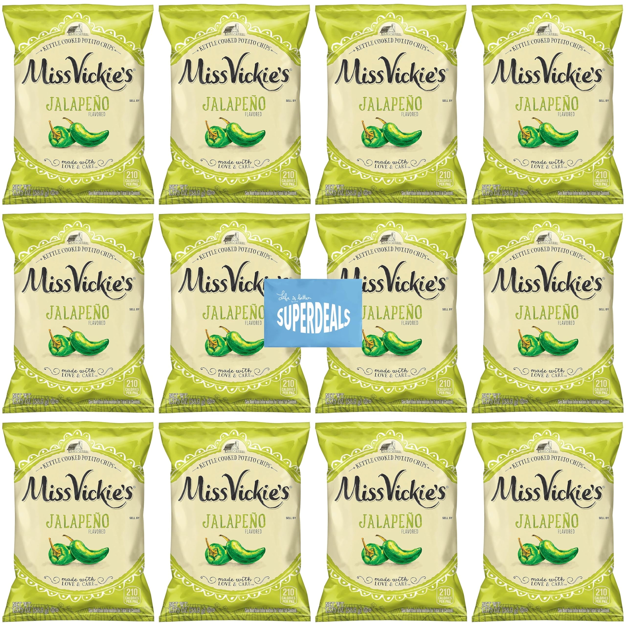 Kettle Cooked Potato Chips by Miss Vickie's Value Pack Bundled by SUPERDEALS | 1.375 Oz Bag | Jalapeno | Pack of 12 with mystery bonus gift
