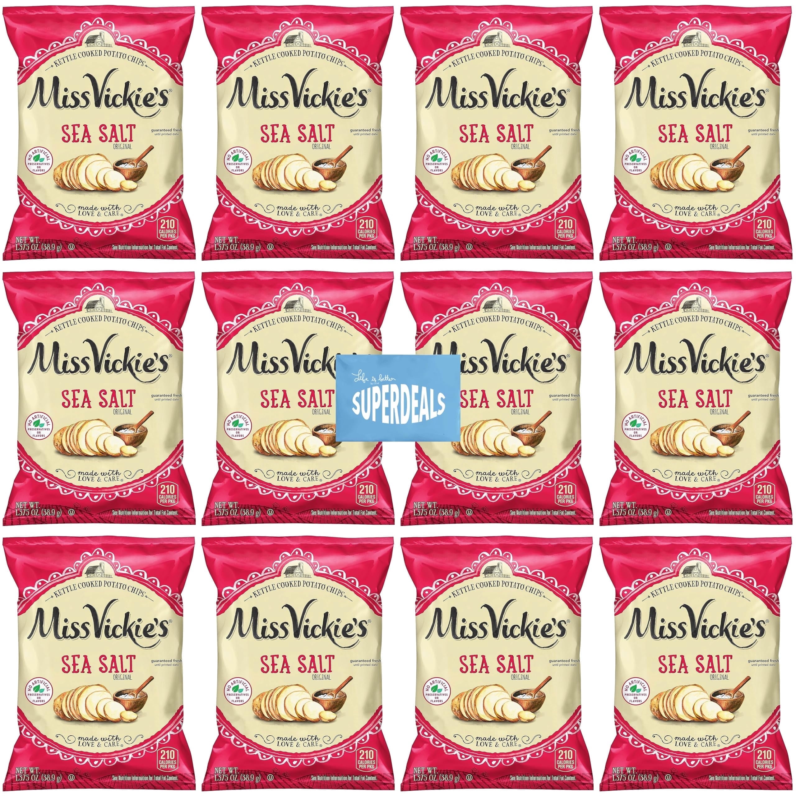 Kettle Cooked Potato Chips by Miss Vickie's Value Pack Bundled by SUPERDEALS | 1.375 Oz Bag | Sea Salt | Pack of 12 with mystery bonus gift
