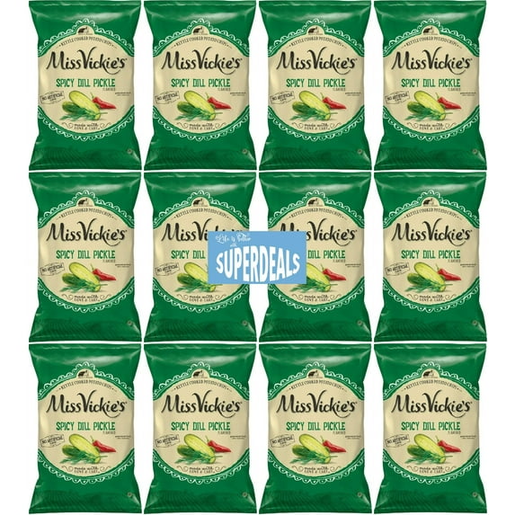 Kettle Cooked Potato Chips by Miss Vickie's Value Pack Bundled by SUPERDEALS | 1.375 Oz Bag | Spicy Dill Pickle | Pack of 12 with mystery bonus gift