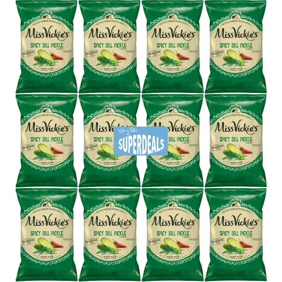 Kettle Cooked Potato Chips by Miss Vickie's Value Pack Bundled by SUPERDEALS | 1.375 Oz Bag | Spicy Dill Pickle | Pack of 12 with mystery bonus gift