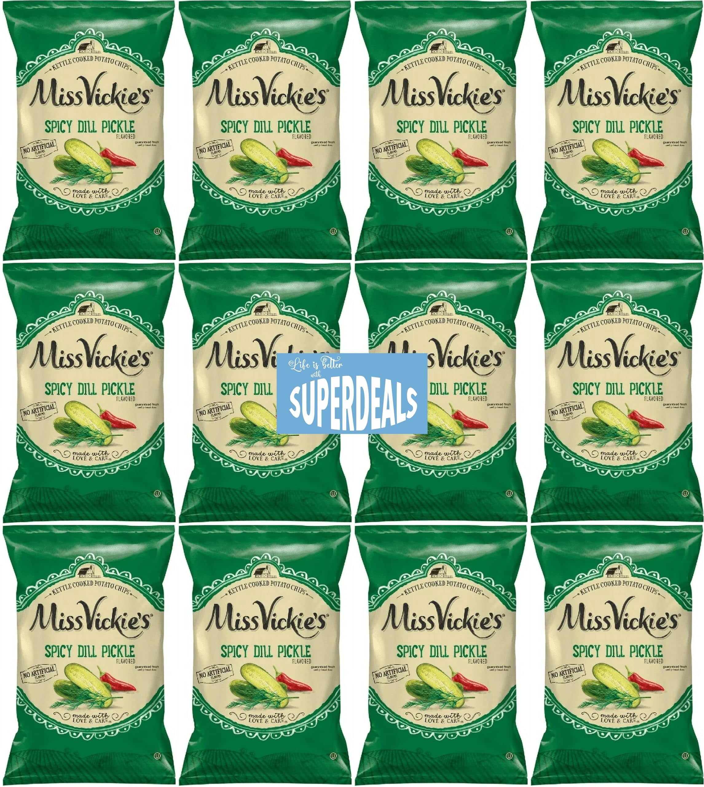 Kettle Cooked Potato Chips by Miss Vickie's Value Pack Bundled by SUPERDEALS | 1.375 Oz Bag | Spicy Dill Pickle | Pack of 12 with mystery bonus gift