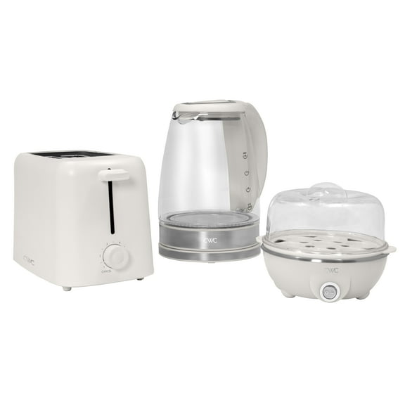 COOK WITH COLOR Compact Egg Boiler, Glass Kettle, & Toaster Kitchen Appliance Set, Cream