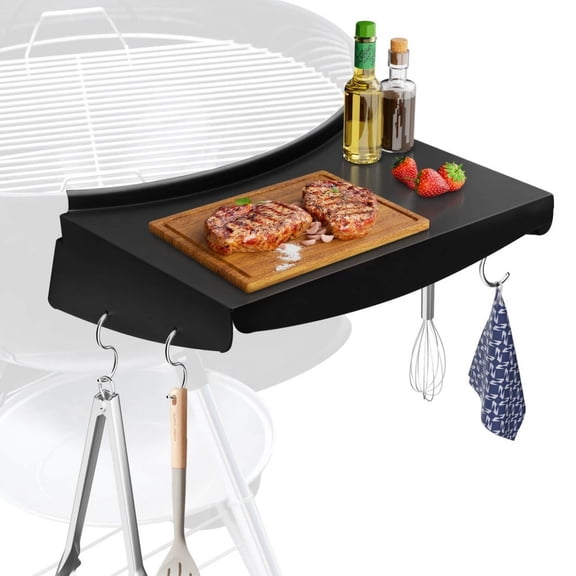 Kettle Grill Accessories, 13.9" Side Shelf Table for Weber 22" Original Kettle & Master-Touch & Premium Charcoal Grill, Heavy Duty Steel Add-On with 4 Hooks, Black, Holds Seasonings & Tools, Easy Ins