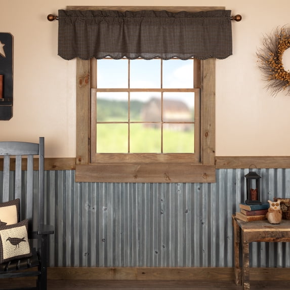 VHC Brands Kettle Grove Window Curtain, Plaid Valance Scalloped, Black, 16x60