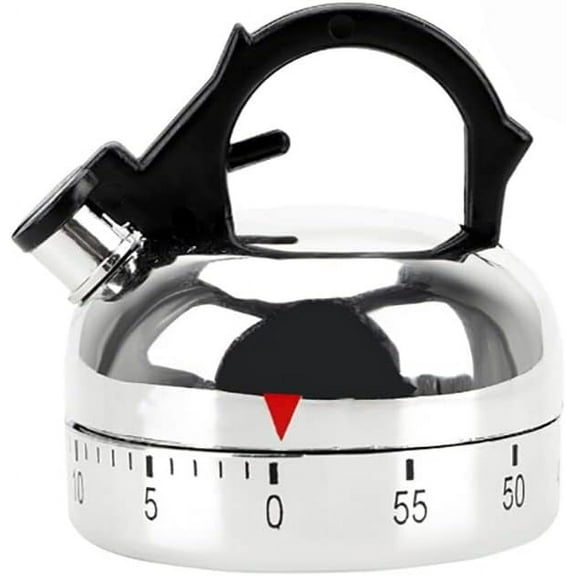 Kettle Shaped Mechanical Kitchen Timer - Cute Retro Vintage Design, 60 Minute Count Down Timer for Cooking, Baking, No Battery Needed, Compact Silver Gadget