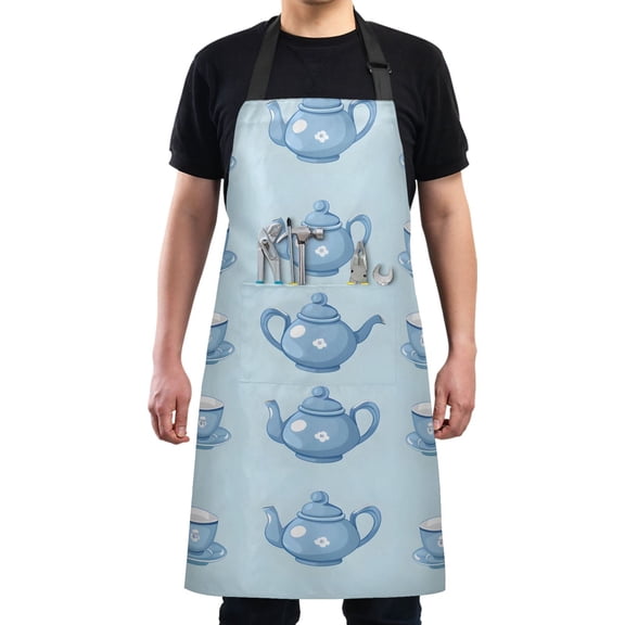 Kettle and Tea Cup Kitchen Apron with 2 Pockets Adjustable waterproof Cooking Aprons for Women Men Chef