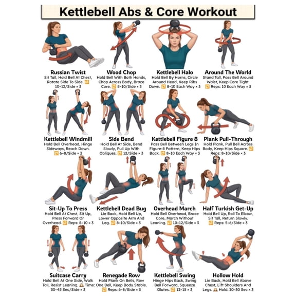Kettlebell Abs And Core Workout Chart poster Abdominal & Oblique Exercise, Core Strength Training Routine, Home Gym Fitness Wall Art poster