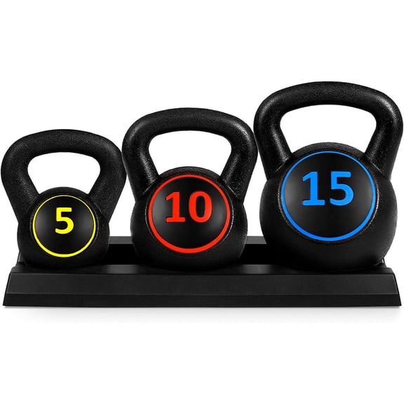 Kettlebell Set with Storage Rack, HDPE Coated Exercise Fitness Concrete Weights for Home Gym, Strength Training, HIIT Workout 5lb, 10lb, 15lb