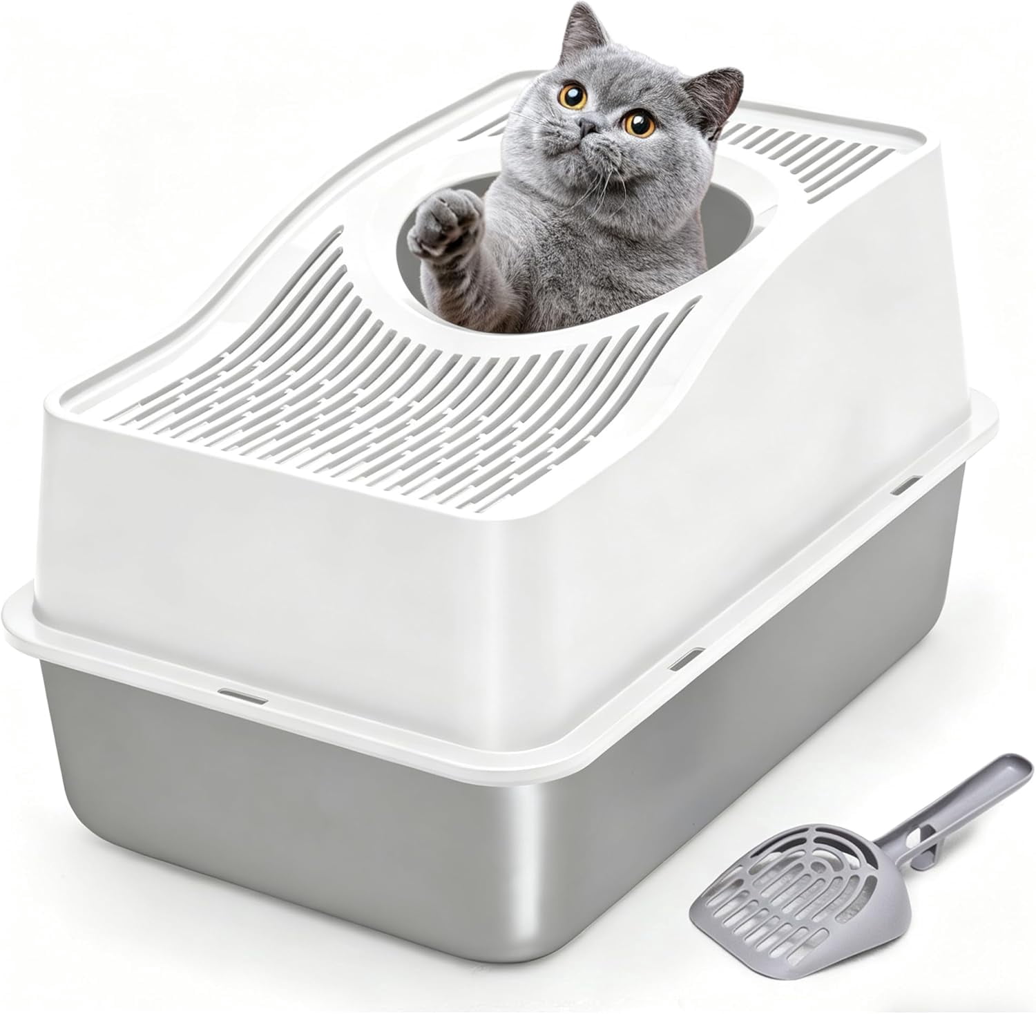 Kettnjoy Top Entry Cat Litter Box with Lid, Stainless Steel XL Enclosed Cat Kitty Litterbox, Extra Large Metal High Side Litter Pan Tray Box Enclosure Easy Cleaning Anti-Leakage, White