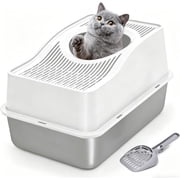 Kettnjoy Top Entry Cat Litter Box with Lid, Stainless Steel XL Enclosed Cat Kitty Litterbox, Extra Large Metal High Side Litter Pan Tray Box Enclosure Easy Cleaning Anti-Leakage, White