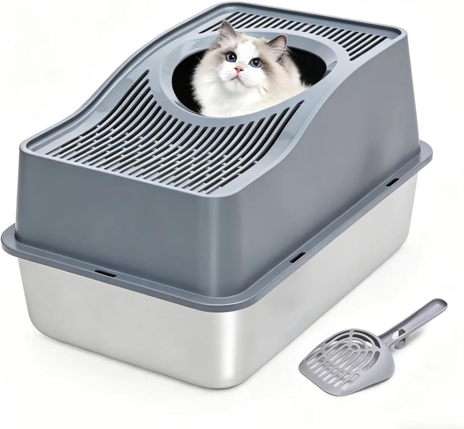 Kettnjoy Top Entry Cat Litter Box with Lid, Stainless Steel XL Enclosed Cat Kitty Litterbox, Extra Large Metal High Side Litter Pan Tray Box Enclosure Easy Cleaning Anti-Leakage, Gray
