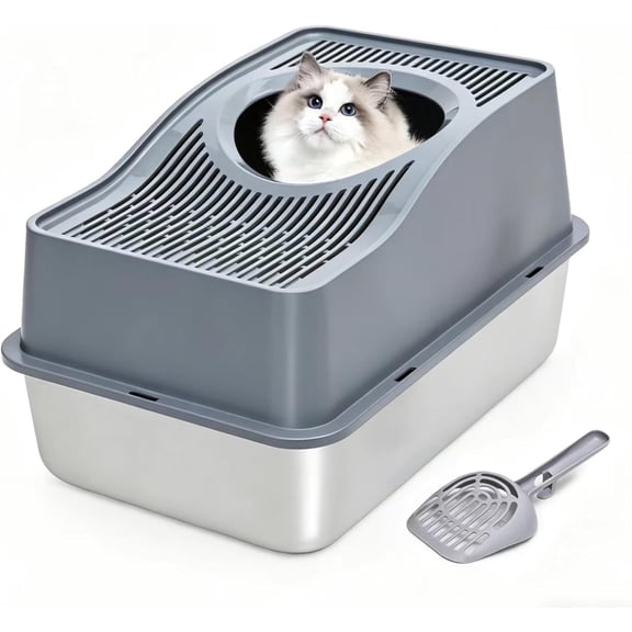 Kettnjoy Top Entry Cat Litter Box with Lid, Stainless Steel XL Enclosed Cat Kitty Litterbox, Extra Large Metal High Side Litter Pan Tray Box Enclosure Easy Cleaning Anti-Leakage, Gray
