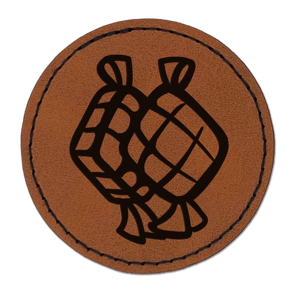 Ketupat Woven Rice Cakes Indonesia Food 2.5" Faux Leather Round Engraved Iron-On Patch - Brown