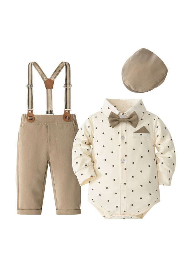 Baby Baptism Outfit Boy 12-18 Months Baby Boy Clothes Suits Infant Gentleman Outfit Collared Dress Shirt+Tie+Pants Baby Suit Sets Size for 12-18 Months,Khaki