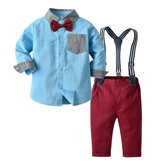 Ketyyh-chn99 Baby Boy Clothes Suits, Toddler Christmas Dress Shirt with Bowtie Suspender Pants Outfit Sets Gentleman Wedding Boys Dress Clothes Sky Blue,70