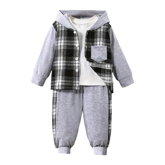 Ketyyh-chn99 Baby Boy Clothes' Toddler Boy Plaid Outfits Flannel Hooded Tops Sweatpants Clothing Set Kids Fall Clothes Sets Size for 2-3 Years,Grey