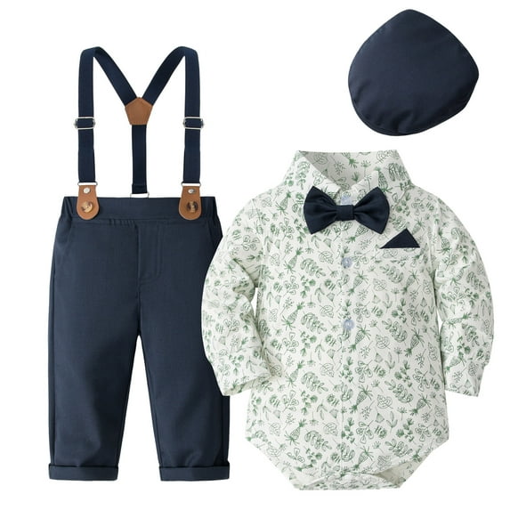 Ketyyh-chn99 Baby Boy Dress Clothes 3-6 Months Baby Boy Clothes Suits Infant Gentleman Outfits Long Sleeve Dress+Suspender Pants+Bowtie+Beret Hat Wedding Set Size for 3-6 Months,Navy
