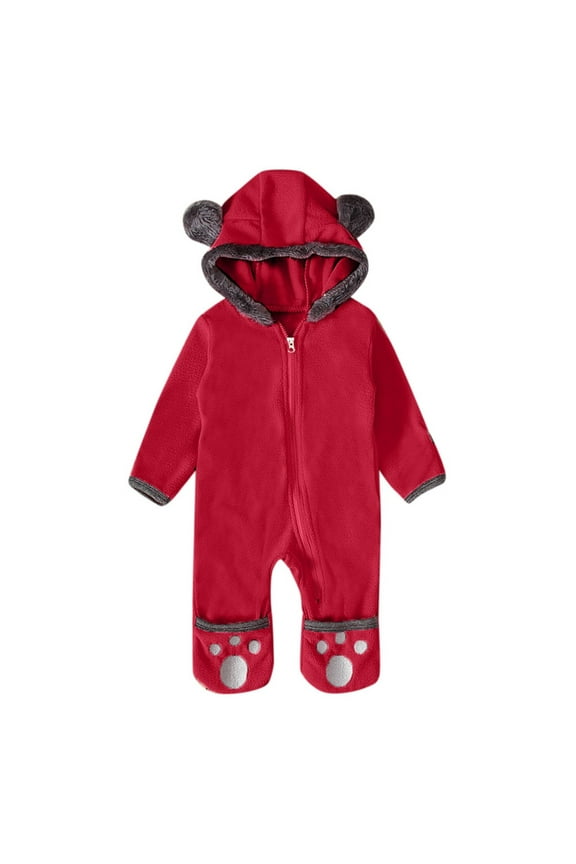 Newborn Baby Girl Boy Fleece Hooded Romper Footed Pajamas Romper Footies Hooded Fleece Jumper for Baby Jumpsuit Red,0-3 Months