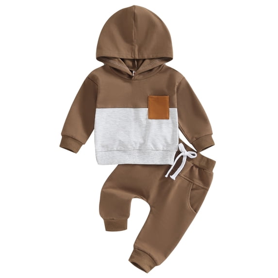 Ketyyh-chn99 Boys Outfits Toddler Baby Boy Clothes Long Sleeve Hooded Pullover Colorblock Sweatshirt + Pants 2Pcs Outfits Set for 6-12 Months,Brown