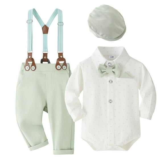 Ketyyh-chn99 Baby Wedding Outfit Boy 18-24 Months Baby Boy Suit Infant Wedding Birthday Dress Formal Easter Gentleman Suspenders Outfit Beret Hat Size for 18-24 Months,Light Green