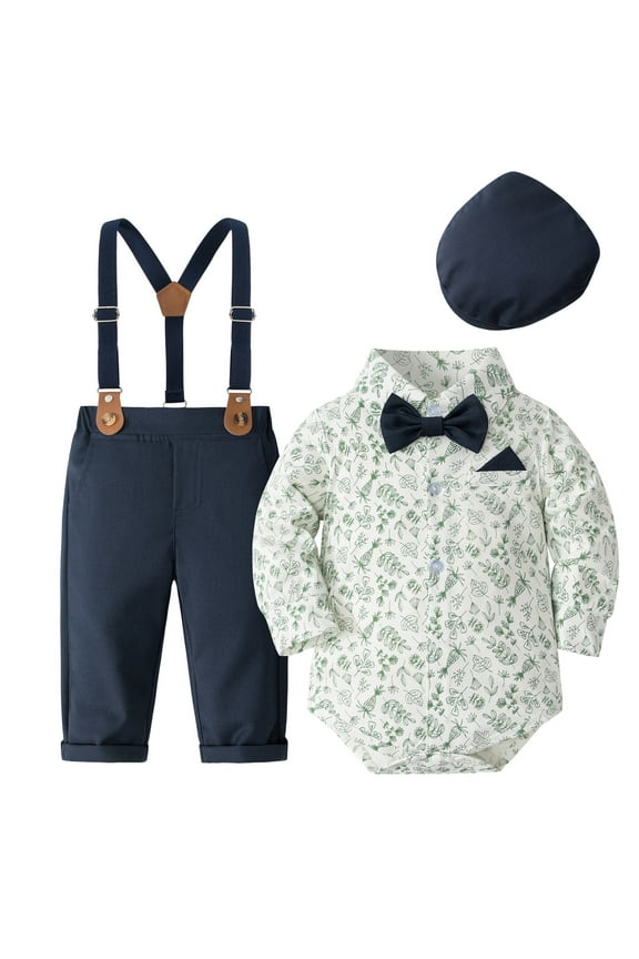 Baby Wedding Dress Shirt 6-9 Months Baby Boy Clothes Outfit Infant Formal Cotton Fabric Shirt Bowtie Hat Suspender Pants Size for 6-9 Months,Navy
