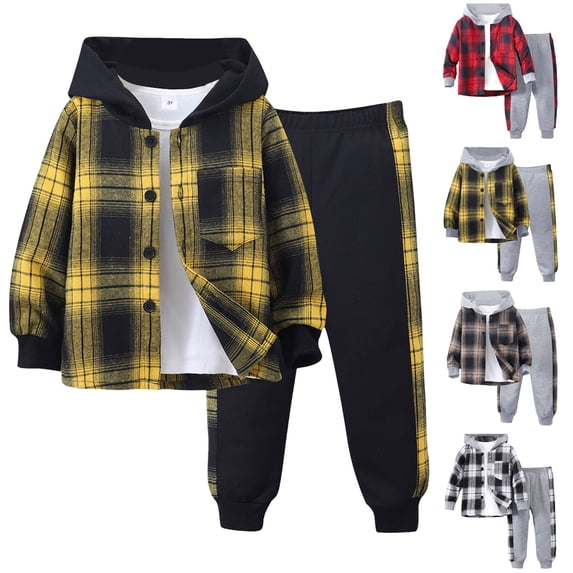 Ketyyh-chn99 Baby Boy Winter Outfits 3Y 4Y 5Y 6Y 7Y Kids Toddler Boy Clothes Plaid Hooded Shirt White T-shirt Top and Solid Color Pants 2Pcs Winter Boys Outfits Size for 3-4 Years,Red