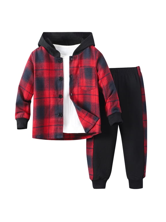 Baby Boy Outfits 3T 4T 5T 6T 7T Boys Clothes 2 Piece Baby Boys Outfits Plaid Hooded Toddler Boys Top Pants Set Size for 5 Years,Red