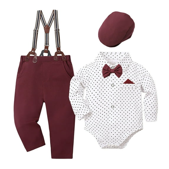 Ketyyh-chn99 Baby Wedding Outfit Boy 3-6 Months Baby Boy Clothes Suit Gentleman Wedding Outfits Formal Dress Shirt+Bowtie+Boutonniere+Suspender Pants Size for 3-6 Months,Red