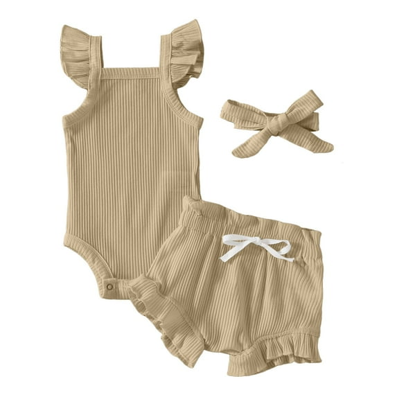 Ketyyh-chn99 Baby Girl Clothes Baby Girl Outfits Girls' Sleeveless Top and Shorts Set Rib Knit Romper Print Shorts Headband Baby Summer Clothes for 0-3 Months,Khaki