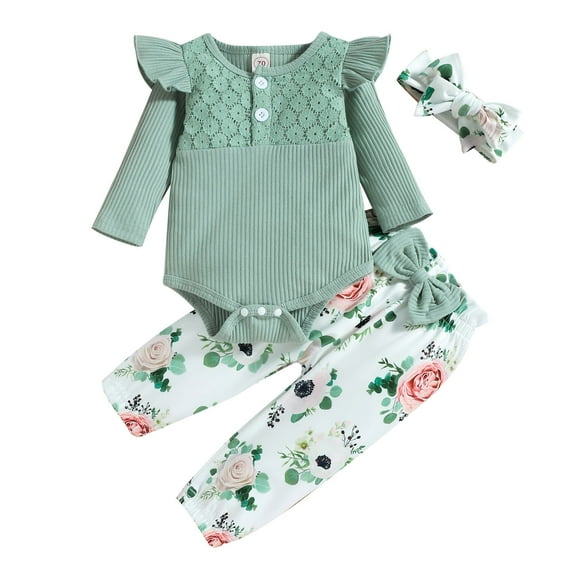 Ketyyh-chn99 Baby Girl Clothes Ruffle Long Sleeve Romper Floral Trousers Headband 3PCS Set Winter Clothes Outfits Green,90
