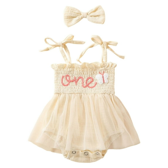 Ketyyh-chn99 Baby Girl Outfits 1st Birthday Girl Gifts Baby Girl Clothes Infant Summer Outfits Cute Mesh Ruffle Sleeveless Romper Headband Set Size for 12-18 Months,Beige