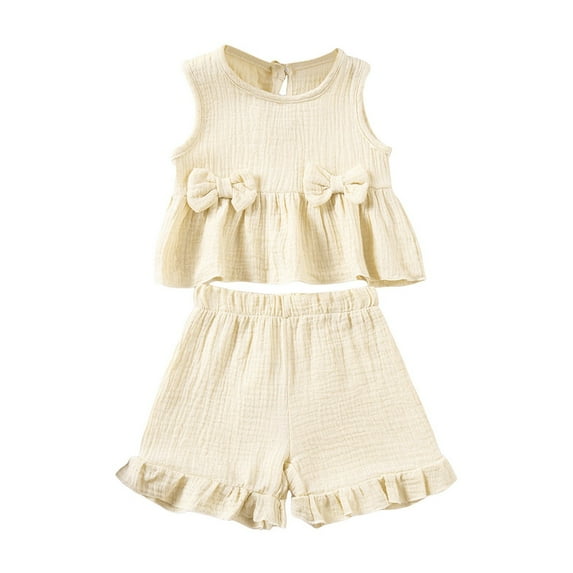 Ketyyh-chn99 Baby Girl Short Sets Toddler Girl Summer Clothes Baby Solid Linen Outfit Bows Ruffle Tank Tops Shirts + Ruffled Short Set Size for 6-9 Months,White