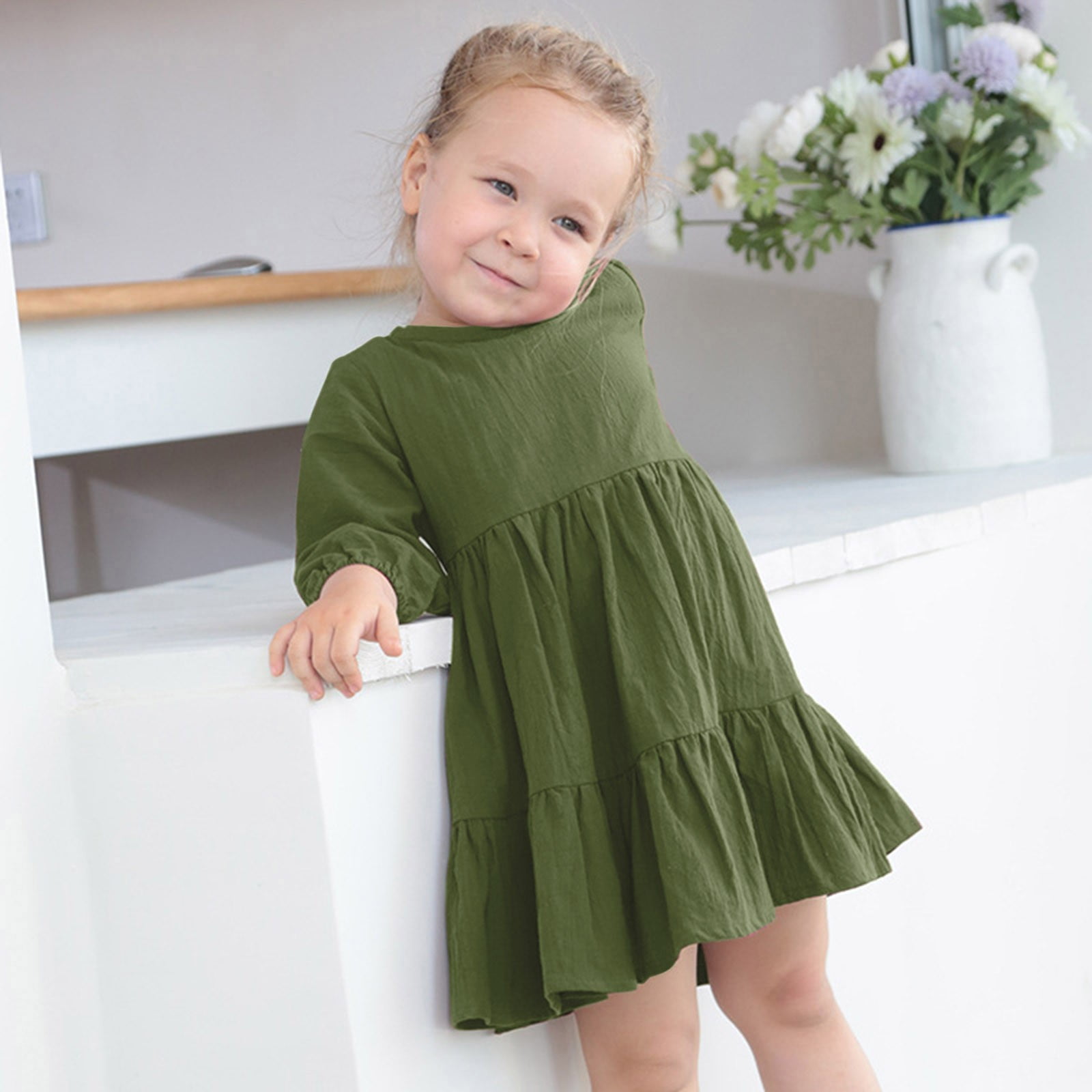 army green toddler dress Girl's Hand Smocked Olive Green Fall Winter Dress main image 1