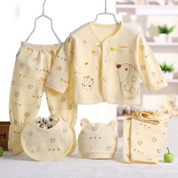 Ketyyh-chn99 Baby Layette Set 5PCS Newborn 0-3M Boys Girls Baby Cotton Clothes Tops Hat Pants Suit Outfit Sets Onesize Yellow,One Size