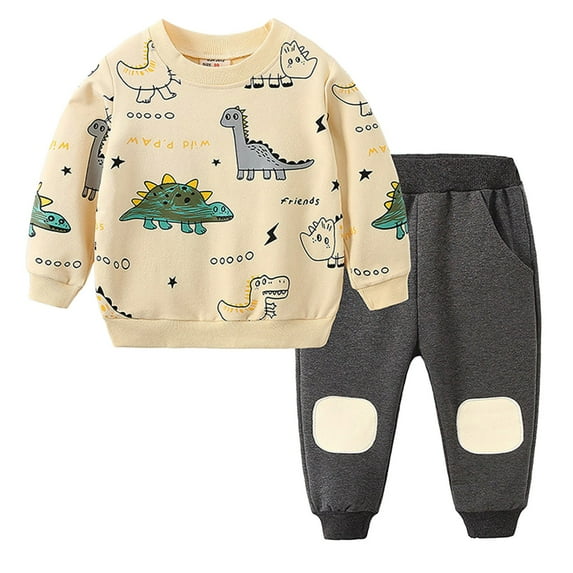 Ketyyh-chn99 Baby Toddler Boy Clothes Fall Winter Outfits Long Sleeve Dinosaur Shirt Sweatshirt + Long Pants Kids Little Boy Clothing for 5-6 Years,Beige
