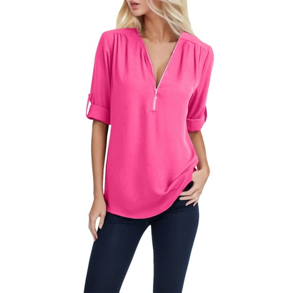 Ketyyh-chn99 Blouses for Women Casual Chiffon Blouses 3/4 Sleeve Loose Tops Hot Pink,3XL