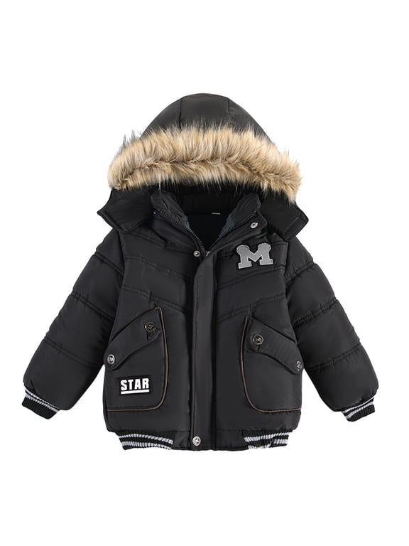 Boy's Puffer Coat Boys Padded Winter Jacket Hooded Puffer Warm Jacket Coat&Jacket Black,90