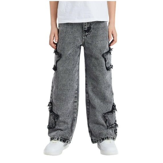 Ketyyh-chn99 Boy's Pull On Jeans Cute Tween Boys Straight Leg Jeans Waistband Loose Denim Pants with Pattern for Kids Clothes Boys Size for 11-12 Years,Grey