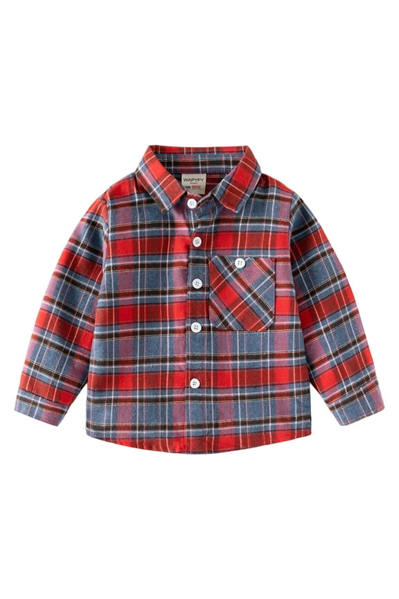 Boys Girls Flannel Plaid Shirt Jacket Toddle Baby Boy Fall Shirts Solid Color Half Button-up Round Neck Long Sleeve Waffle Tops Casual Clothes Size for 12-18 Months,Red