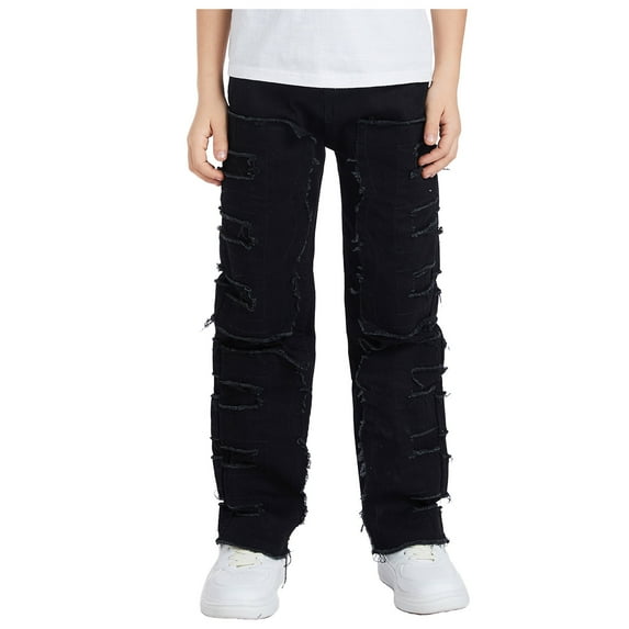Ketyyh-chn99 Boys' Slim Fit Straight Leg Stretch Denim Jeans Boys Baggy Jeans for Teens Kids Y2k Wide Leg Loose Cargo Jeans Waist Denim Pants Trousers Streetwear Size for 9-10 Years,Black